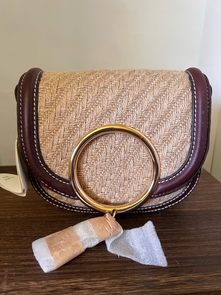 See By Chloe Woven Straw Shoulder Bag With Burgundy Trim And Gold Ring